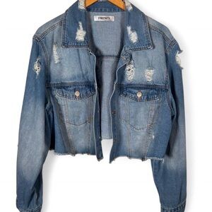 Frenzy Cropped Distressed Denim Jacket 2X Raw Hem Light Wash
